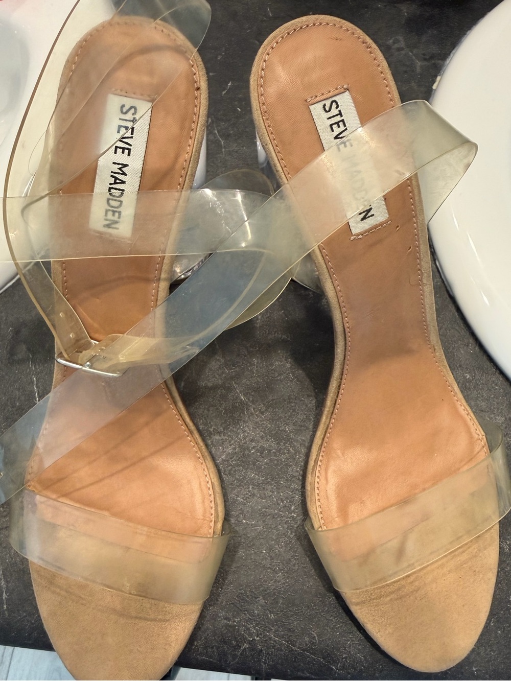 Steve Madden Clear PVC Strap Tan Sandals